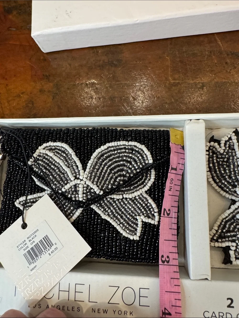 Rachel Zoe Black & White Beaded Card Case with Matching Charm